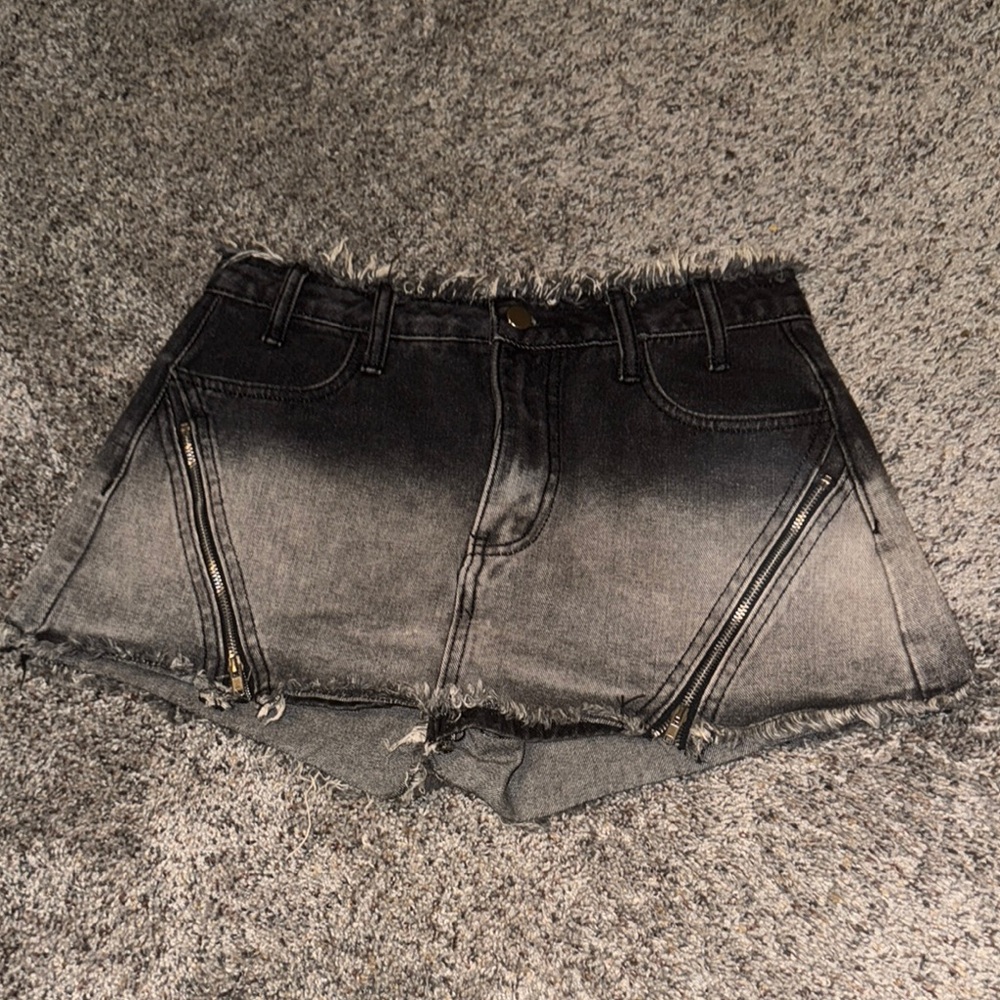 Fashion Nova Black and Gray Jean Shorts with Distressed Details